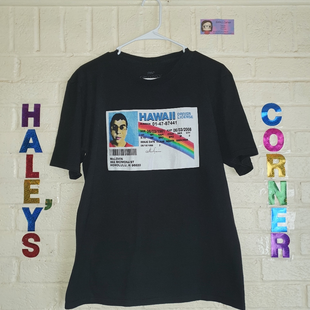 Superbad Mens McLovin T Shirt Size L Black Hawaii ID Graphic Tee